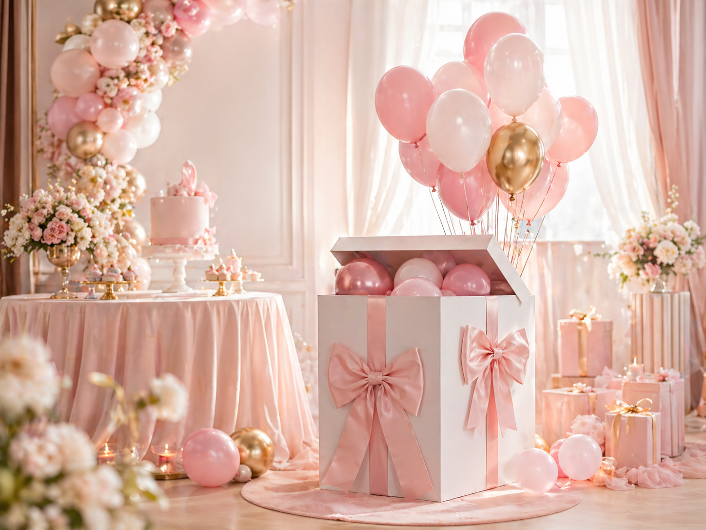 Gender reveal con globos y mesa temática